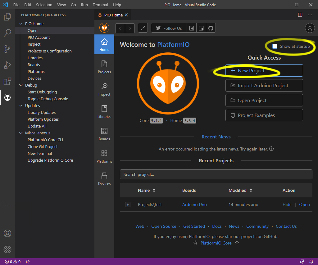 Platform IO New Project